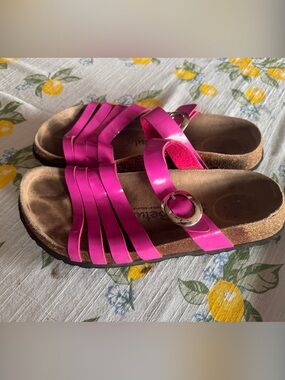 Bright Pink Strappy Buckle Slide Sandals